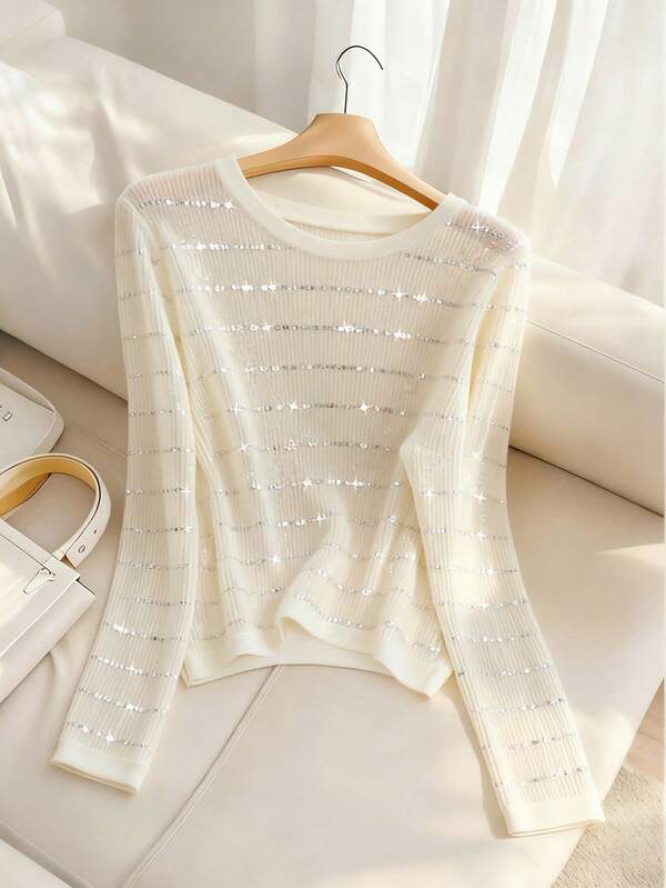 Airaco Women's Casual Commuting Sequin Patchwork Hollow Out Long Sleeve Lightweight Knit T-Shirt, Spring/Summer/Autumn