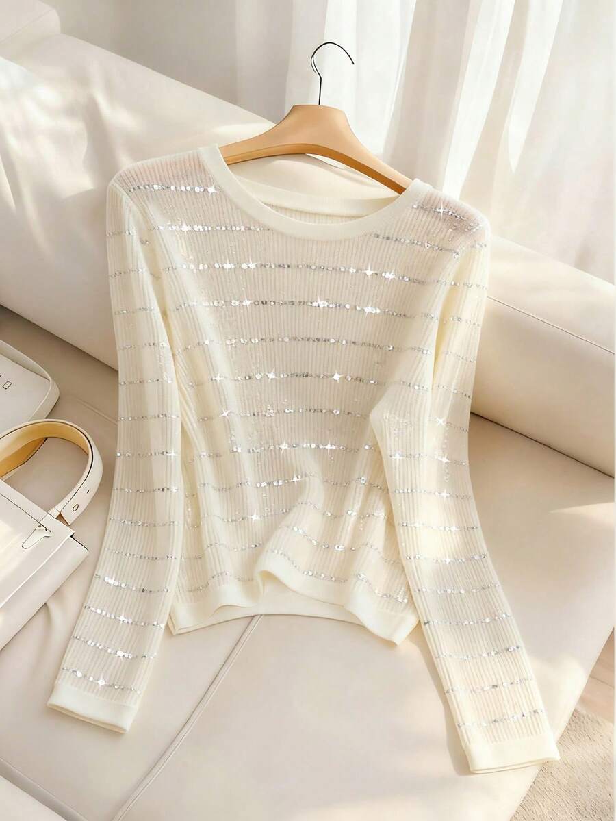 Airaco 女士休闲通勤亮片拼接镂空长袖轻薄针织T恤，春夏秋季 - 白色 - 查看 1