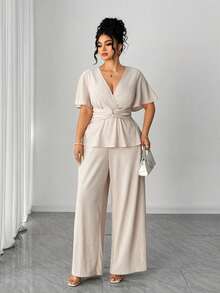 Elenzga Elegant Plus Size Apricot Knitted Deep V Neck Ruffle Hem Short Sleeve Long Pants Two Piece Set - Apricot - View 1