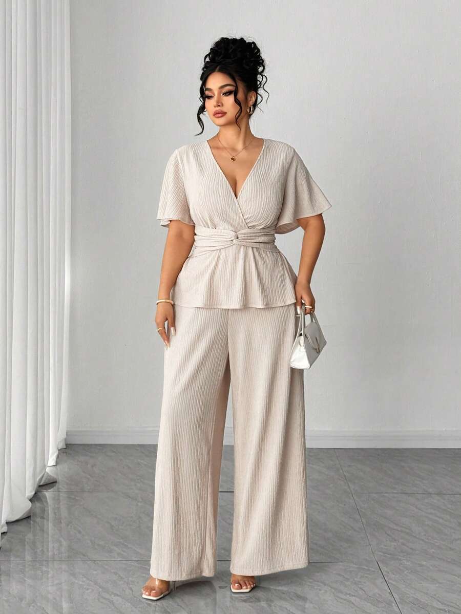 Elenzga Elegant Plus Size Apricot Knitted Deep V Neck Ruffle Hem Short Sleeve Long Pants Two Piece Set - Apricot - View 1
