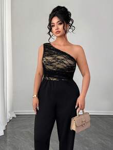 SHEIN Elenzya Plus Size Elegant Jumpsuit, Oblique Shoulder, Cinched Cinched Waist, Sophisticated, Versatile, Suitable For Dates And Formal Occasions - Black - View 5