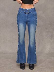 Jeanoix Denim Flare Sexy Ajustado Estilo Y2K Casual Versátil com Recortes Feminino - Lavagem escura - Visão 1