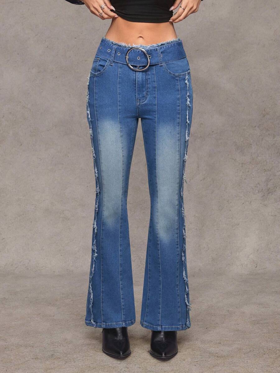 Jeanoix Denim Flare Sexy Ajustado Estilo Y2K Casual Versátil com Recortes Feminino - Lavagem escura - Visão 1