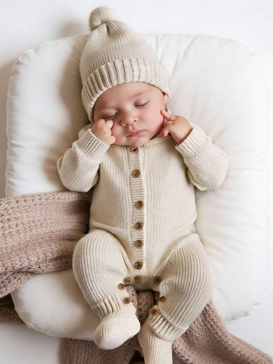 SHEIN 2 件套针织新生儿男孩女孩摄影连体衣纽扣连体衣婴儿回家装带绒球帽中性婴儿服装新生儿洗礼礼物 - 杏色 - 查看 1