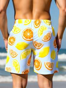 Manfinity Swimmode Men's Fruit Print Drawstring Waist Pocket Beach Shorts - Multicolor - View 2