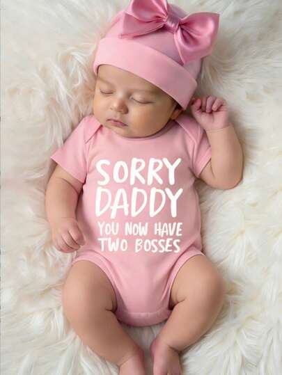 Baby Girl Newborn Cute Pink "SORRY DADDY YOU NOW HAVE TWO BOSSES" Graphic Print Short Sleeve Bodysuit, Adorable Newborn Clothing, Infant Outfit, Spring/Summer, Comfortable Casual Wear, Infant/Toddler Girl Summer Apparel, Outdoor, Photography, Indoor, Holiday, Gift