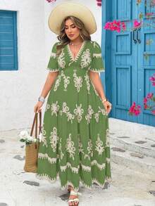 Clasi Vestido de mujer talla grande con estampado floral, cuello en V, mangas cortas y dobladillo con volantes, estilo vacacional - Limelight Green - Ver 6