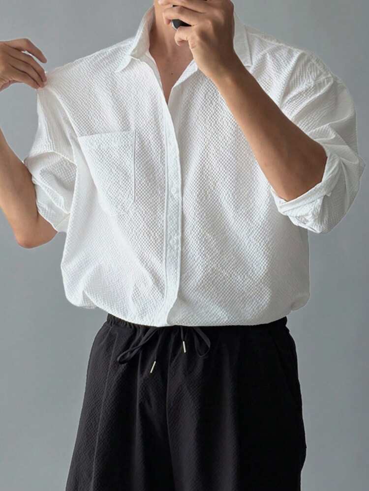 Men's Solid White Long Sleeve Shirt, Spring Summer