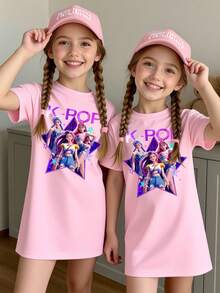 SHEIN Light Pink Summer Casual Cute Graphic School Back-To-School Tween Girl Group Pentagram Letter Slogan Print Relaxed Short Sleeve T-Shirt Dress - Khaki - View 3