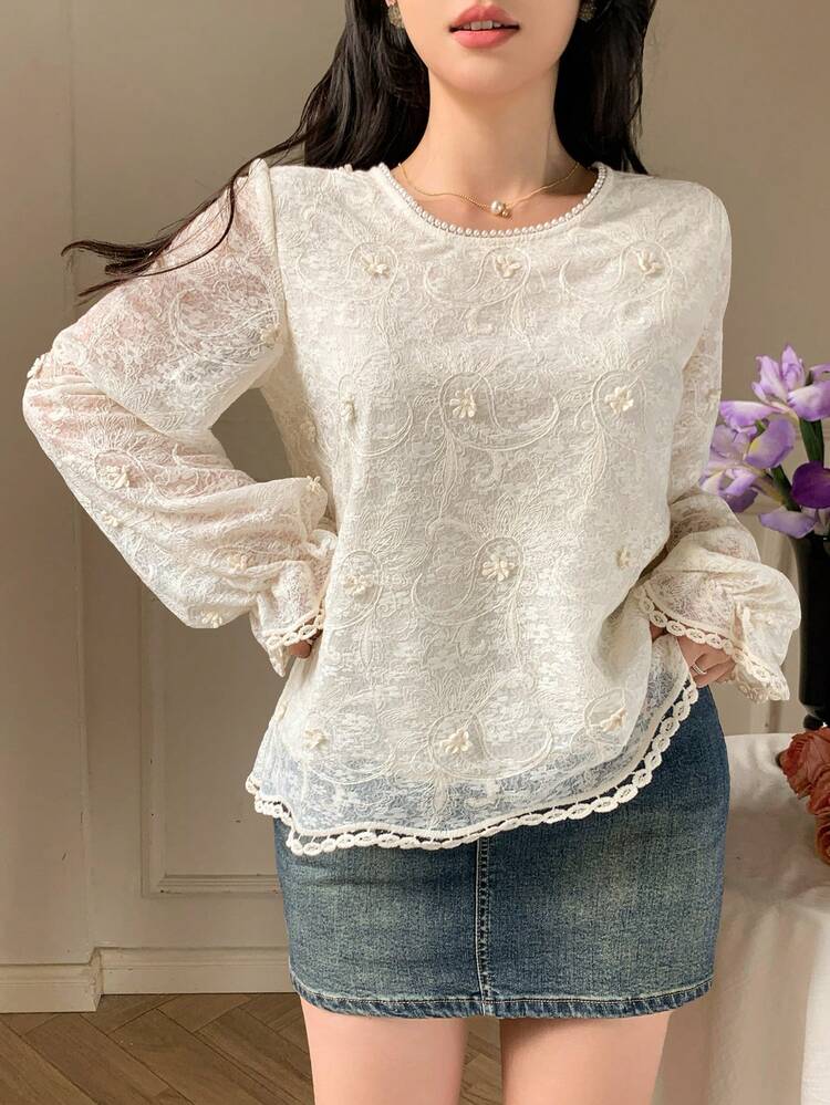 Women's Elegant Lace Loose Long Sleeve Blouse, Suitable For Spring, Summer And Autumn