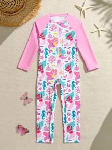 SHEIN 1 bộ đồ bơi liền thân dài tay in hình nàng tiên cá cho bé gái - Hồng - Xem 3