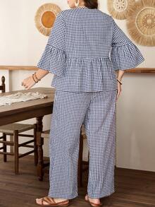 Lacomfia Random Floral Plaid Bow Decor 3/4 Sleeve Elegant Fashionable Blouse Paired With Straight Leg Pants, Slim Fit Sexy Plus Size Women 2 Piece Set - Blue and White - View 2