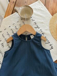 SHEIN 女婴可爱夏季度假休闲蓝色荷叶边背心短裤套装 - 藍色 - 查看 4