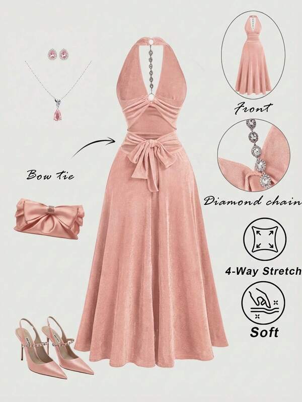 SHEIN MOD Women's Backless Tie-Waist Ruched Midi Dress, Suitable For Dates And Parties