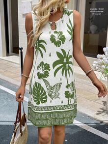 Sylviya Women's Casual Coconut Tree & Butterfly Print Mini Dress, Suitable For Vacation & Daily Wear Summer For Women Summer Dresses, Beach For Women Beach Dresses For Women Vacation Women Vacation Dresses, Beach Vacation For Women Casual Dresses For Women Floral Dresses For Women, Green Dresses For Women Summer Beach Tropical Dress Hawaii Dress Women Summer Casual Dress Palm Tree Dress - Multicolor - View 6