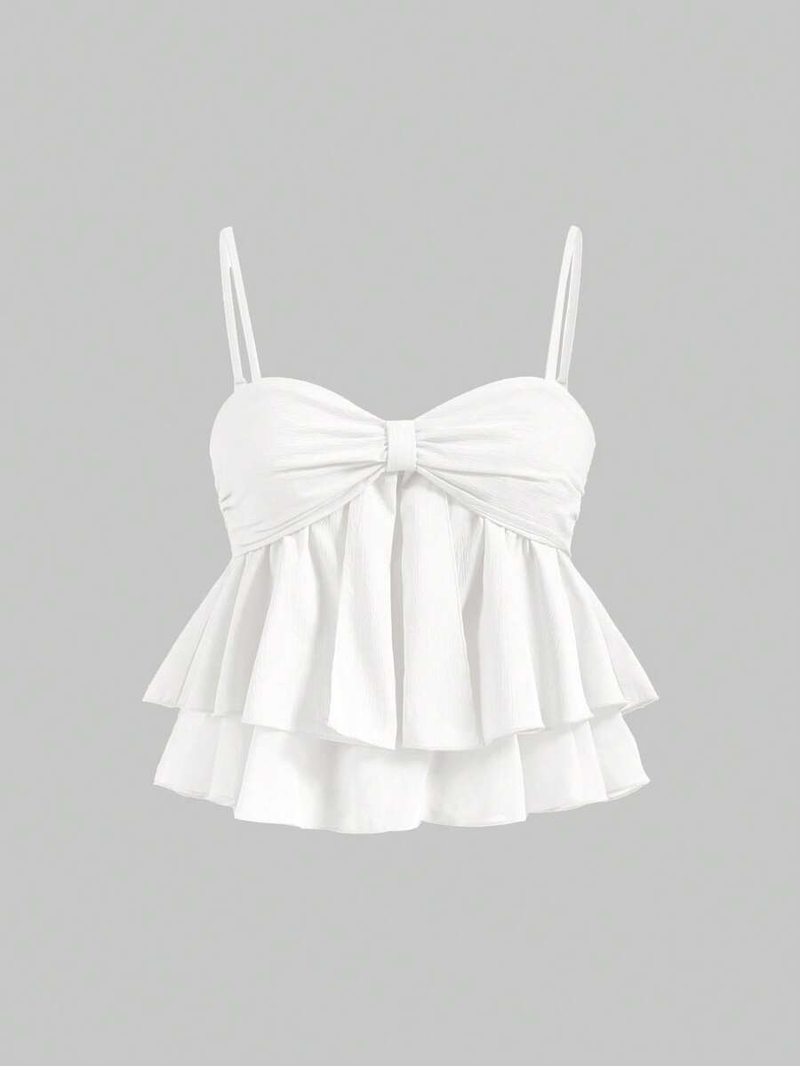 SHEIN MOD Women Summer Sweet Pink Pleated Ruffle Trim Camisole Top,Summer Crop Tops,Summer Top - White - View 1