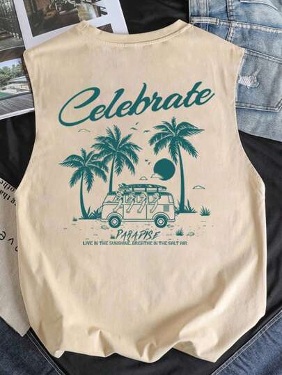 Manfinity Joysei Men's Round Neck Letter & Coconut Tree Print Casual Versatile Top, Suitable For Outdoor Leisure & Vacation