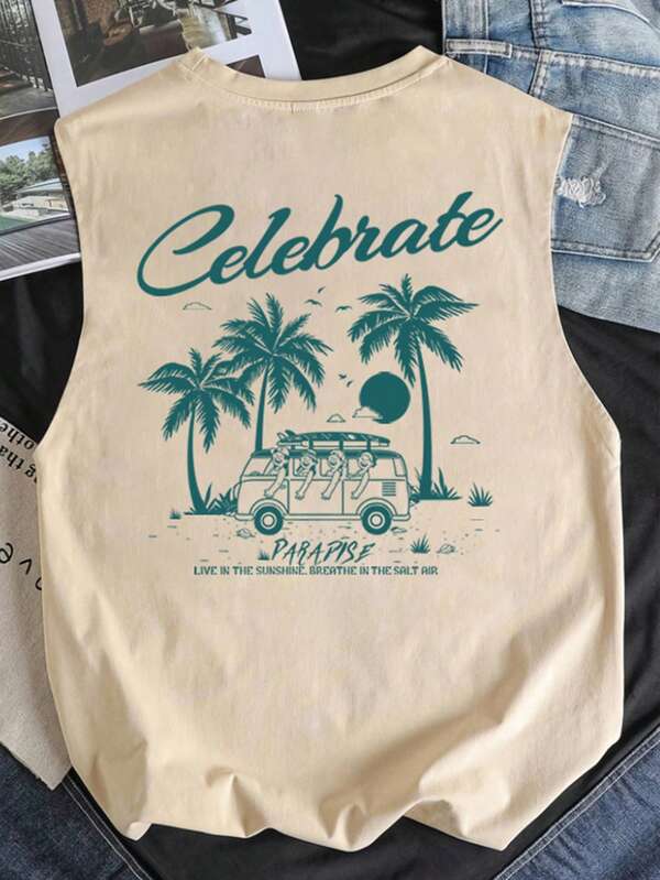 Manfinity Joysei Men's Round Neck Letter & Coconut Tree Print Casual Versatile Top, Suitable For Outdoor Leisure & Vacation