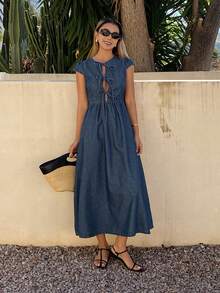 DAZY Women's Round Neck Tie Design Waist Cinched Long Casual Denim Dress, Vacation Style - Dark Wash - View 3