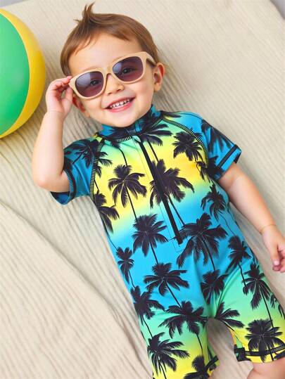 Pelele de playa informal con estampado de plantas y cuello redondo para bebé niño