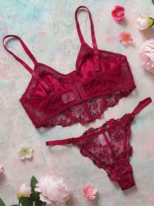 Ladies' Flowers Embroidery Mesh Bra & Panty Lingerie Set Bridallingerie - Red - View 2