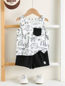 SHEIN 2pcs Baby Boy Cute Cartoon & Striped Pattern Knit Sleeveless Top And Shorts Set - Multicolor - View 8