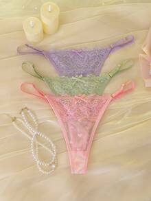 Charlaine 3pcs/Pack Women's Low-Waist Lace Thong Panties, Random Heart Pattern - Multicolor - View 5