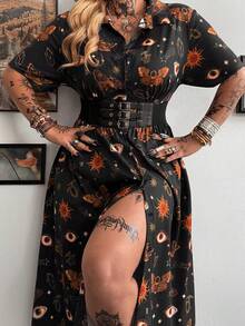 Whyspr Vestido con estampado de manga corta y cuello de camisa de moda - Negro - Ver 4