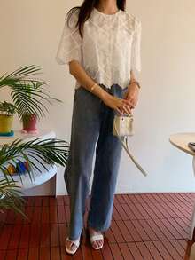 DAZY 女士夏季休闲度假薄纱纯色花瓣袖衬衫 - 白色 - 查看 8