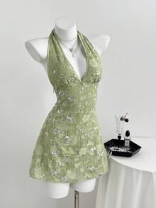 Elamini Women's Casual Sexy Halter Neck Tie Sequin Jacquard Mini Dress - Green - View 4