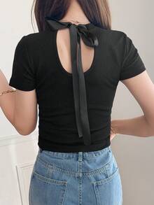 FRIFUL Áo thun nữ cổ tròn ôm sát, chất liệu vải gân, dáng slim fit, thích hợp cho mùa hè. - màu đen - Xem 7