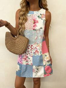 Vaclyn Women's Casual Patchwork Pattern Round Neck Sleeveless Dress, Suitable For Vacation - Multicolor - View 4