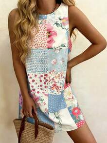 Vaclyn Women's Casual Patchwork Pattern Round Neck Sleeveless Dress, Suitable For Vacation - Multicolor - View 5