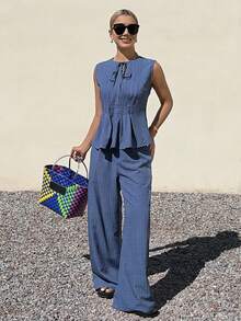 DAZY Women's Casual Sleeveless Drawstring Top And Pants 2 Pieces Set - Blue - View 3