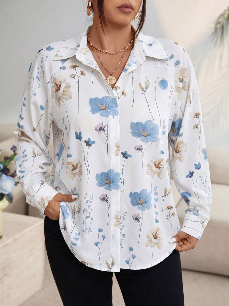 Elenzga 大码女式长袖印花衬衫,衬衫领,隐藏式门襟,休闲度假上衣 - 彩色 - 查看 1