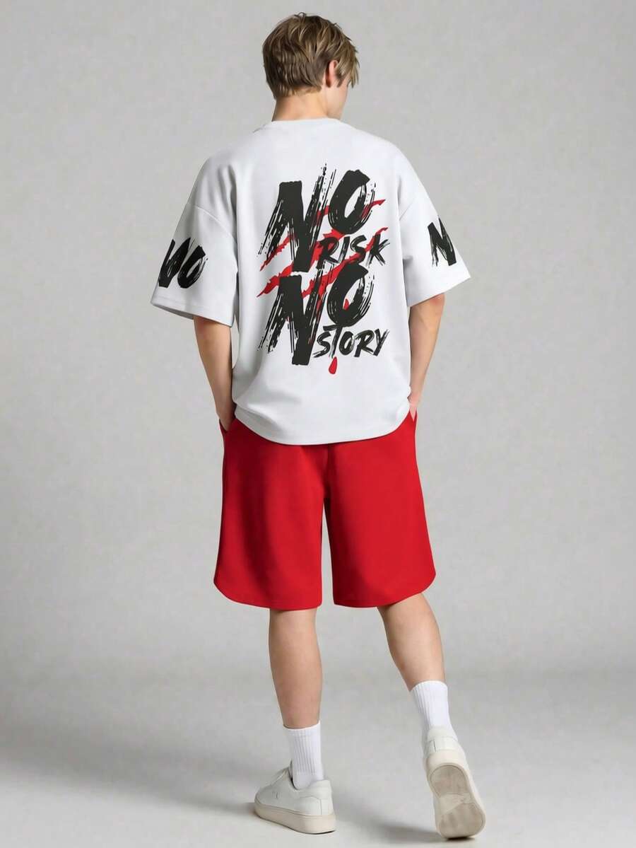 Vacaura 2pcs/Set Graffiti Slogan T-Shirt And Vibrant Red Shorts Sports Outfit, Essential For Fashionable Youths - Multicolor - View 1