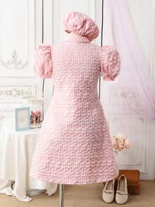 Glamorique Kids 2026春夏新款，少女粉色A字中长连衣裙，蝴蝶结翻领，可爱喇叭下摆，泡泡短袖，带拉链；少女粉色A字中长连衣裙，蝴蝶结装饰，泡泡短袖，可爱斜纹涤纶面料；少女可爱粉色A字中长连衣裙，泡泡短袖，翻领，喇叭下摆，蝴蝶结和珍珠纽扣，适合上学穿着；优雅派对礼服；夏季服装；柔软连衣裙。 - 粉色 - 查看 2