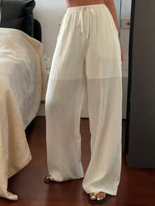 Livesso Women's Lace-Up White High Waist Pants, Summer - White - View 6
