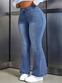 Flexra Quần jeans ống loe cạp cao giặt thường ngày cỡ lớn - Rửa nhẹ - Xem 9
