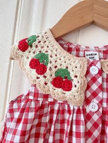 SHEIN Robe à carreaux rouges et blancs pour bébé fille, robe d'été sans manches avec col brodé de cerises, robe de princesse douce et fraîche pour le printemps/été. Vêtements de pique-nique pour bébé fille, vêtements rétro pour bébé, vêtements vintage pour l'été, robes d'été, robes de bal, robe rose - Rouge - Voir 3