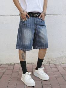 Manfinity Roghcode Men's Summer Vertical Striped Letter Embroidered Loose Wide-Leg Denim Shorts - Medium Wash - View 4