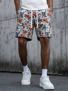 Manfinity Homme 1件男士街頭風花卉提花短褲，抽繩休閒夏威夷米色夏季波希米亞沙灘度假短褲，百搭舒適禮物 - 彩色 - 查看 3