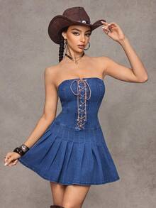 Jeanoix Y2K Damen Denim Bustier Mini Plissee Kleid - Dunkle Waschung - Übersicht 5