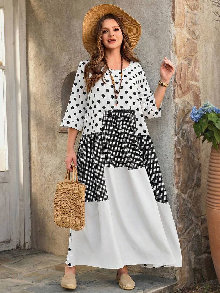 Plus Size Women's Summer Casual Vacation Country Round Neck 3/4 Sleeve Polka Dot, Plaid & Striped Patchwork Dress, Summer/Spring, Plus Size Polka Dot Dress,Summer\Vacation,Summer Holiday,Spring Break Outfits ,Vacation Outfits Women ,Holiday Outfits For Women,Going Out Outfits,2026 New Clothes,Simple And Fashionable For Everyday Wear,Suitable For Summer, Vacation, Daily Wear,Suitable For Summer, Vacation, Daily Wear,Dresses For Women,Flowy Dress ,Beach Outfits For Women,Casual Vacation Boho Dress, Long Summer Dress Plus Size, Vacation Plus Size Women Dresses,