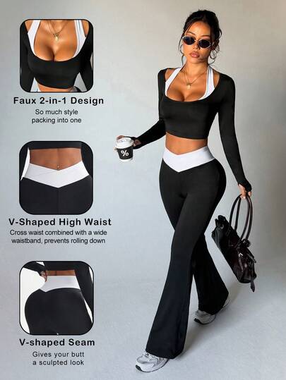 Dewbera Women's Sports Yoga Outdoor Gym Workout Set, 2 In 1 Contrast Color Long Sleeve Tight T-Shirt, Contrast Color V-Waist Tight Flare Pants