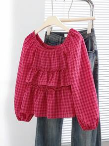 SHEIN Tween Girls' Plaid Casual Shirt, Versatile Blouse For Daily Wear, Party And Date - Pink - View 1