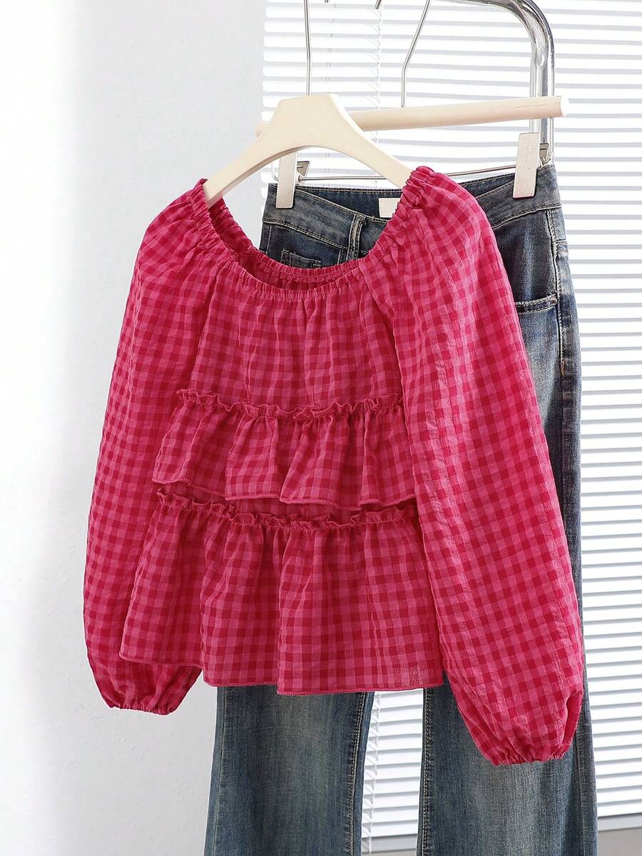 SHEIN Tween Girls' Plaid Casual Shirt, Versatile Blouse For Daily Wear, Party And Date - Pink - View 1