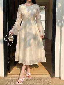 DAZY 女士优雅纯色圆领荷叶袖长连衣裙，春夏婚礼宾客礼服 - 米色 - 查看 2