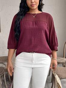 Breezaya Áo sơ mi cỡ lớn cổ tròn thanh lịch, chất liệu vải dệt jacquard chắp vá, dáng rộng, có họa tiết. - Màu Đỏ Sâu - Xem 8