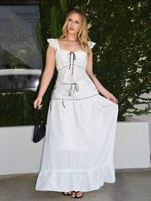 Roveilla French Style Cap Sleeve Camisole & Embroidered Skirt Set, Casual Retro Vacation Picnic Outfit For Women - White - View 3